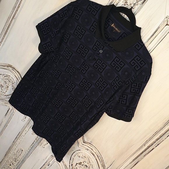 Men’s IBaldelli  Navy Short Sleeves Burn Out Velvet Graphic Pattern Polo Shirt - Picture 3 of 9
